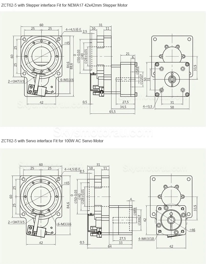 ZCT62-5/ZCT62-10 5:1 10:1 Hollow Rotary Tables Input Shaft 5mm for 42mm 100W AC Servo Motor/ Stepper Motor